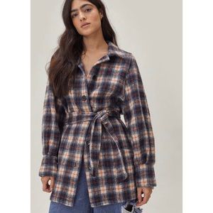 Nasty Gal Navy Blue Checkered Belted Jacket